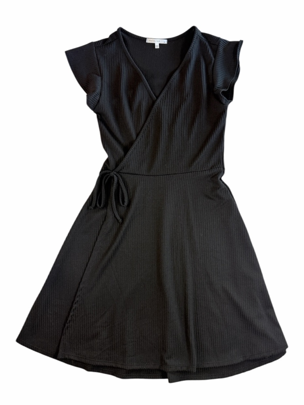 Antistar Black Ribbed‎ Knit Faux Wrap Mini Dress Ruffle Cap Sleeve V-Neck Small